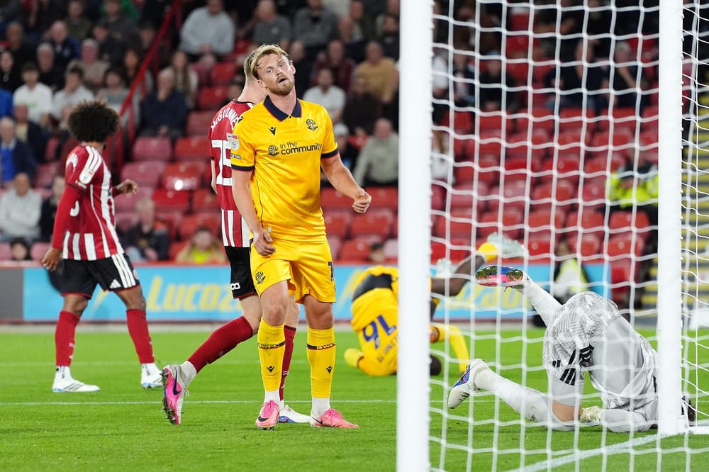3FDT935 Bolton Wanderers' Sam Dalby reacts after Samuel Iling-Junior misses an opportunity on goal during the Sky Bet Championship match at Bramall Lane, Sheffield. Picture date: Tuesday September 1, 2026.