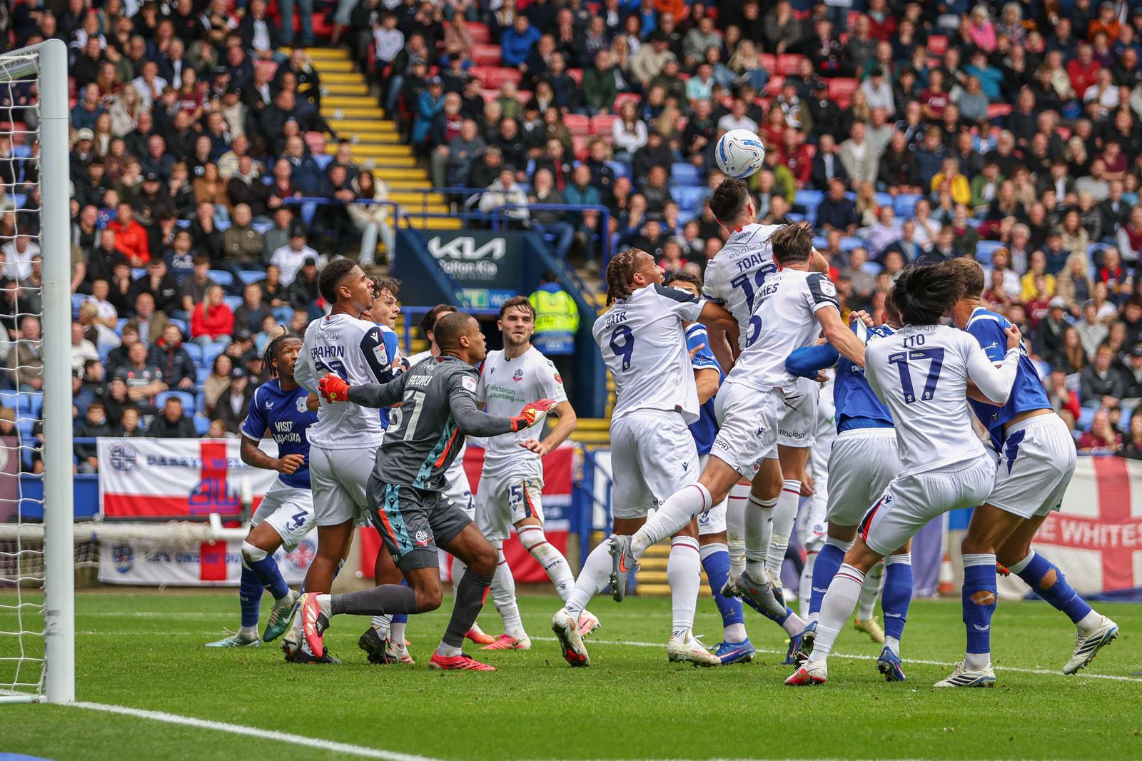 3FGDD8J 12th September 2026; Toughsheet Community Stadium, Bolton, Greater Manchester, England; Championship Football, Bolton Wanderers versus Cardiff City; Eoin Toal of Bolton Wanderers wins a header from a corner